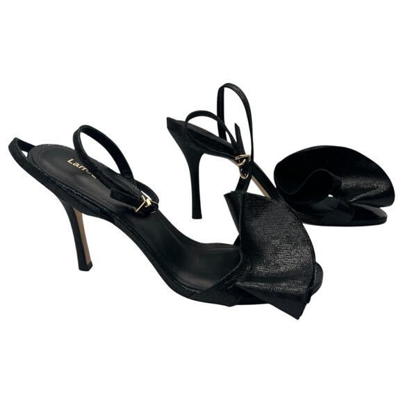 Larroude Penelope Ruffle Cracked Metallic Leather Heeled Sandals Black 10 - Picture 4 of 6